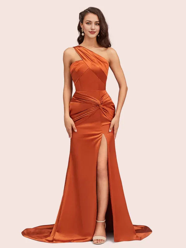 Robe de soirée sirène sexy asymétrique sans manches, longue, en satin doux, fendue sur le côté, style formel, traîne courte